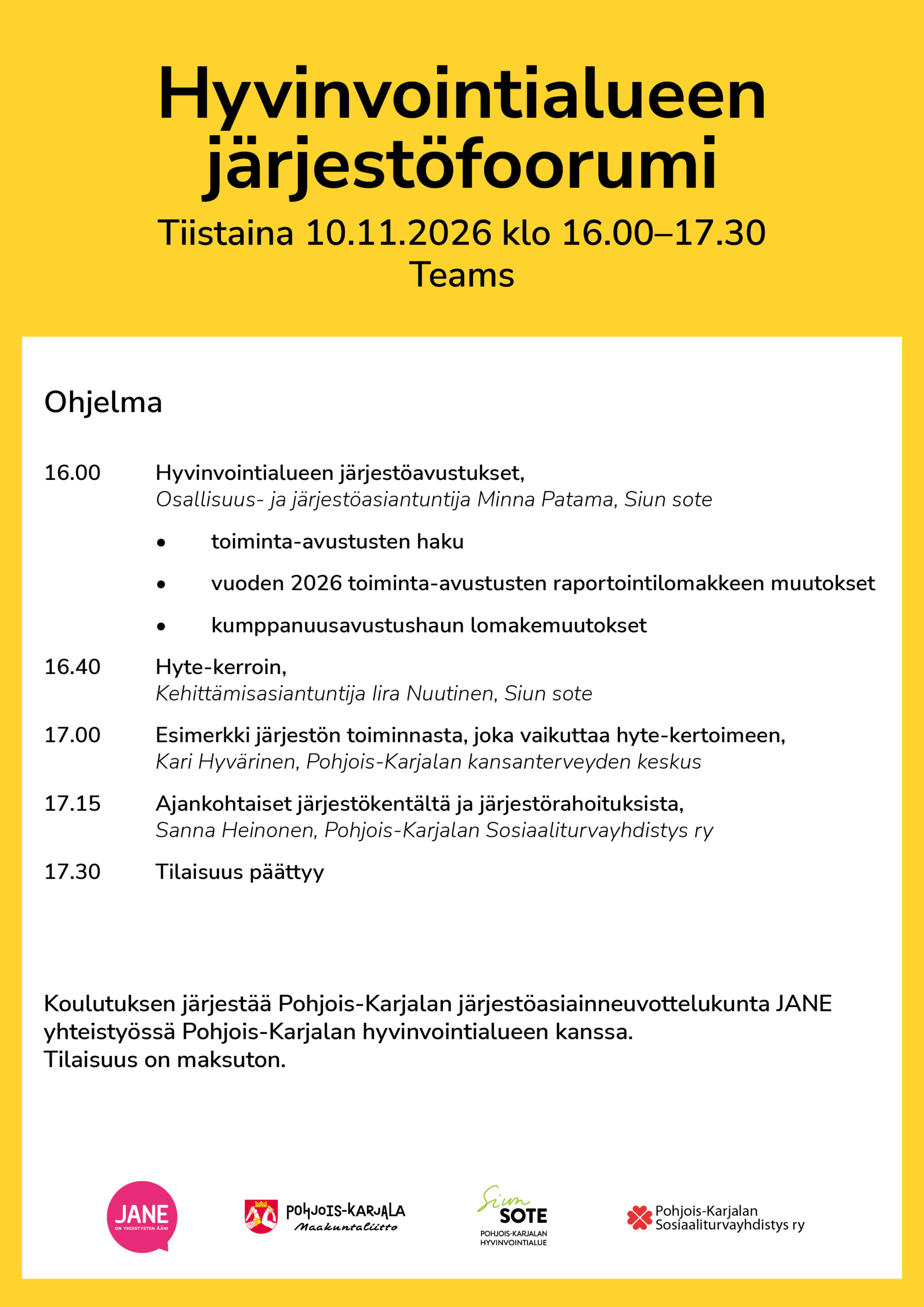 Hyvinvointialueen järjestöfoorumin ohjelma.